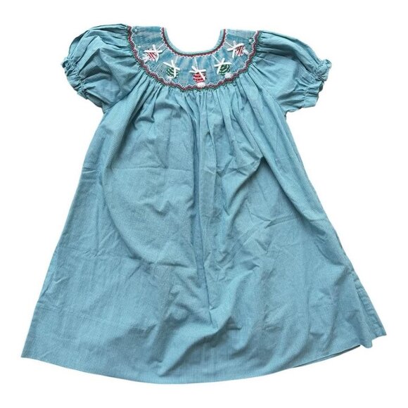 Rosalina Girls Smocked Bishop Dress Teal Gingham Christmas Ornaments Size 4T - Picture 1 of 8